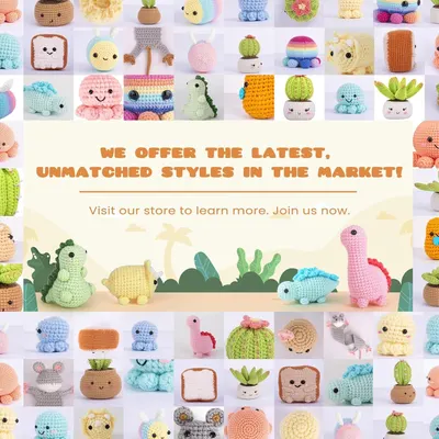 Emphasizes the brand's wide selection of unique crochet styles and invites shoppers to visit the store, building brand identity and trust.