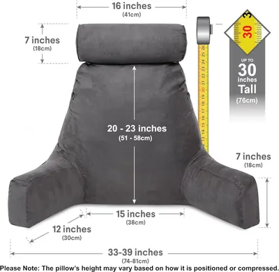 Provides comprehensive measurements of the backrest pillow in both imperial and metric units to help shoppers understand the exact size and ensure it fits their needs.