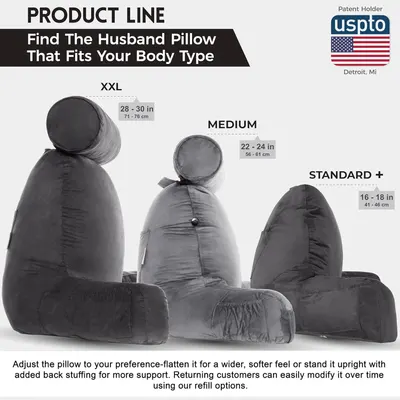 Helps shoppers select the correct husband pillow size based on their body type by showing three size options with corresponding measurements in inches and centimeters.