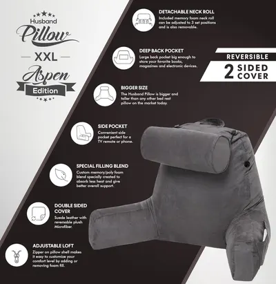 Showcases seven distinct features of the Husband Pillow to demonstrate its versatility and comprehensive design, helping shoppers understand all the benefits in one view.