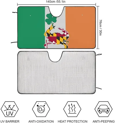 Communicates the exact dimensions of the car sunshade to help shoppers understand if it will fit their vehicle windshield. Showcases multiple protective features of the sunshade including UV…