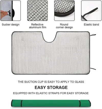 Showcases multiple features of the car sunshade including suction cup attachment, reflective material, rounded corners, elastic band, and easy storage capability to demonstrate the product's…