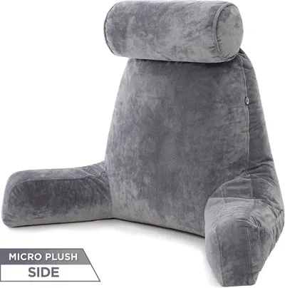 Highlights the soft micro plush fabric used on the side of the backrest pillow to communicate comfort and premium material quality to shoppers.
