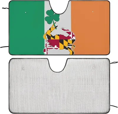 Communicates that the windshield sunshade has both a decorative Irish-themed design on one side and a reflective heat-blocking surface on the other for functionality.