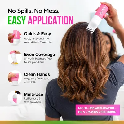 Showcases multiple benefits of the hair product applicator including mess-free application, even coverage, clean hands, and versatility for oils, masks, and coloring to demonstrate its comprehensive…