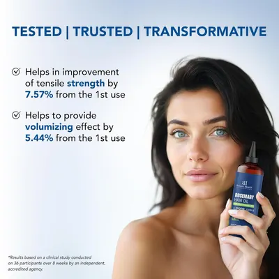 Communicates quantifiable benefits of the hair oil using specific percentages to show measurable improvements in hair strength and volume from first use.