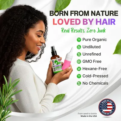 Communicates multiple natural and quality attributes of the hair oil product to reassure shoppers that it is safe, pure, and free from harmful additives.
