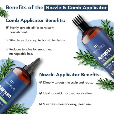 Explains the distinct benefits of two different applicator types included with the hair oil product, helping shoppers understand how each applicator serves different application needs and use cases.