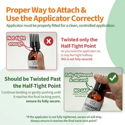 Instructs shoppers on the correct way to attach and secure the applicator to prevent leakage and ensure proper product application.