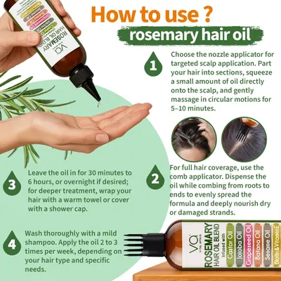 Explains how to properly apply rosemary hair oil using a nozzle or comb applicator, including timing and frequency, to help customers understand the complete usage process.
