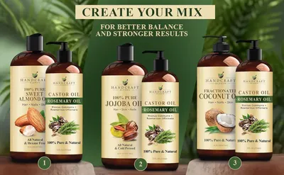 Demonstrates the versatility of the product line by showing different oil combinations that can be mixed together for customized hair, skin, and nail care solutions.