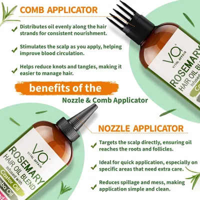 Explains the multiple benefits of two different applicator types (comb and nozzle) for hair oil application, helping shoppers understand how each applicator serves different hair care needs.