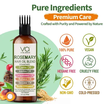 Communicates multiple product qualities and certifications to reassure shoppers that the hair oil is made with clean, ethical, and natural ingredients.