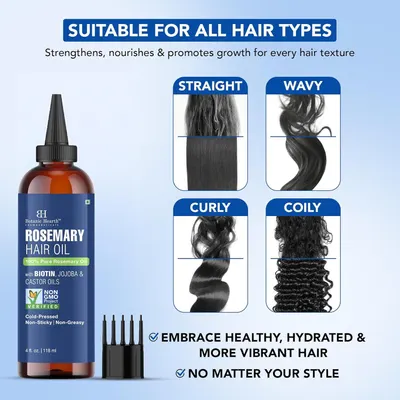 Demonstrates that the rosemary hair oil works effectively across different hair textures including straight, wavy, curly, and coily hair to strengthen, nourish, and promote growth.