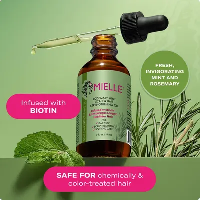 Communicates multiple key benefits of the hair oil including biotin infusion for strengthening, refreshing natural scent, and safety for treated hair to appeal to a broad range of shoppers.