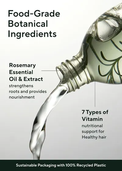 Communicates multiple product benefits including natural ingredients, nutritional support for healthy hair, and eco-friendly packaging to appeal to health-conscious and environmentally aware shoppers.