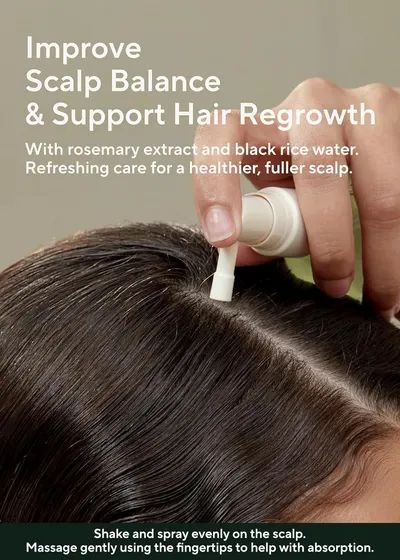 Demonstrates how to apply the scalp treatment product by shaking, spraying on the scalp, and massaging with fingertips to help shoppers understand proper usage technique. Highlights the key benefit…