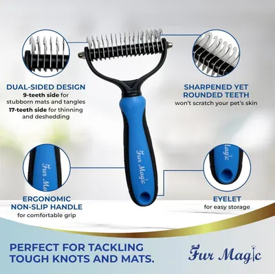 This image breaks down the key structural and functional components of the pet grooming tool, highlighting the dual-sided blade design, safe teeth, ergonomic handle, and storage eyelet to help…