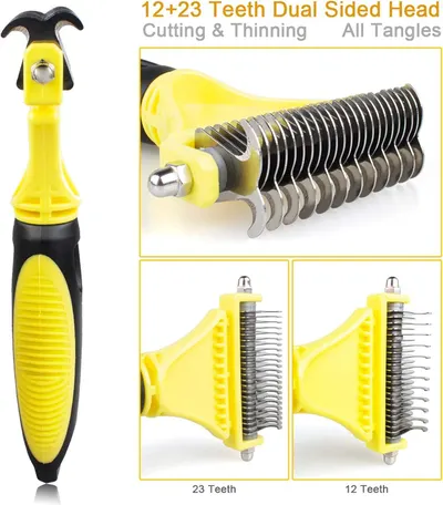 This image breaks down the grooming tool by showing the dual-sided head with different teeth counts (12 and 23) for cutting and thinning, helping shoppers understand the functional components and…