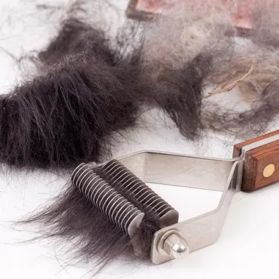 Demonstrates the product's effectiveness at removing pet hair from surfaces, showing the tool in action with collected fur to reassure pet owners of its grooming capability.