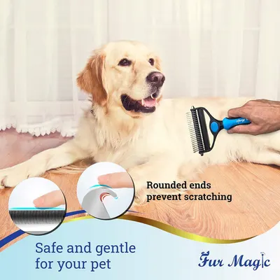 Communicates that the pet grooming tool has rounded ends that are safe and gentle for pets, preventing scratching during use.