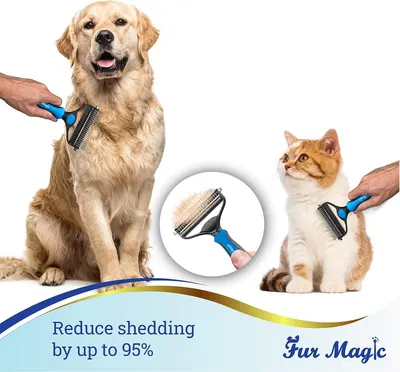 Communicates a quantifiable benefit to reassure shoppers that the grooming tool is highly effective at reducing pet shedding. Demonstrates the versatility of the grooming tool by showing it can be…