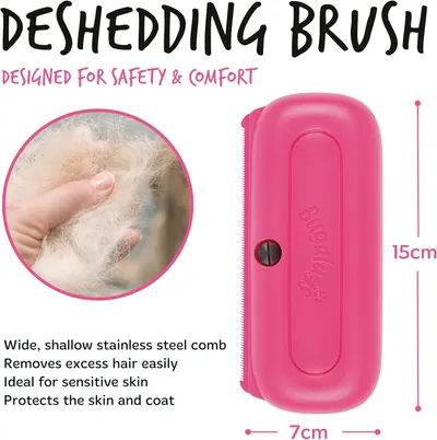 Communicates multiple benefits of the deshedding brush including its safe design for sensitive skin, effective hair removal with stainless steel comb, and protective features for both skin and coat.…