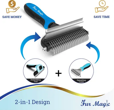 Communicates that this pet grooming tool combines two functions (deshedding and dematting) in one product, helping shoppers save both money and time.