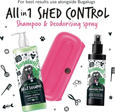Shows the complete bundle of products included in the shed control system: shampoo, deodorizing spray, and grooming brush, helping shoppers understand what they receive with their purchase.