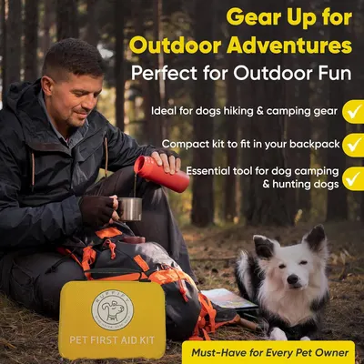 Demonstrates the versatility of the pet first aid kit for outdoor activities like hiking, camping, and hunting with dogs, showing it as an essential companion for pet owners on adventures.