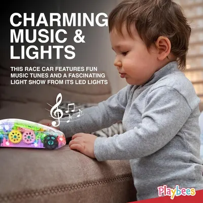 Highlights the race car toy's entertainment features including fun music tunes and LED light show to engage and captivate young children.