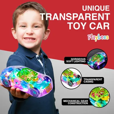 Showcases three key features of the transparent toy car to demonstrate its unique design elements and visual appeal to parents and children.