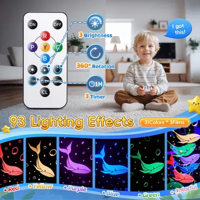 Showcases multiple features of the product including brightness control, rotation capability, timer settings, and extensive lighting effects to demonstrate versatility and functionality.