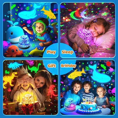 Demonstrates the versatility of the product by showing four different use cases: playtime entertainment, sleep aid with projection, gift-giving occasion, and birthday party setting.