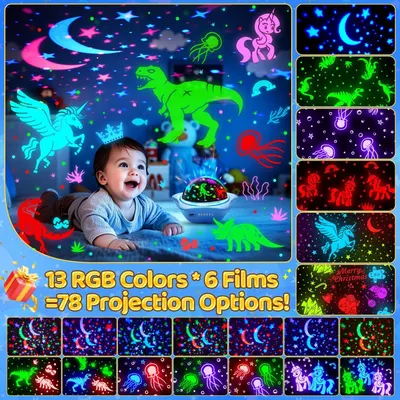 Communicates the product's versatility by showcasing multiple color options and projection film themes available with the night light projector.