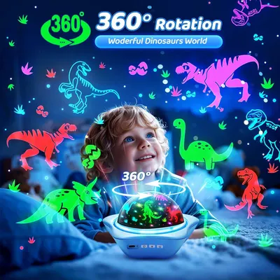 Communicates that the product projects colorful dinosaur images in a 360-degree rotating pattern, creating an immersive visual experience for children.