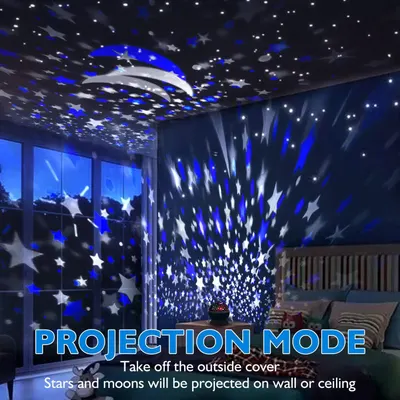 Demonstrates the product's projection capability that creates a starry night effect on walls and ceiling, showing shoppers the immersive lighting experience they can create in their room.