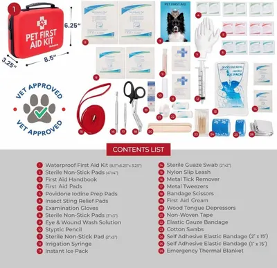 Shows everything included in the pet first aid kit so shoppers can see the full value and comprehensive range of medical supplies they will receive.