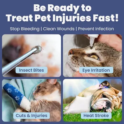 Demonstrates the multiple use cases for a pet first aid product by showing different types of injuries and conditions it can treat, helping shoppers understand the product's versatility.