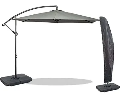 Shows the customer that the purchase includes both the cantilever umbrella and a protective storage cover, demonstrating the complete package they will receive.