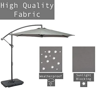 Communicates multiple key benefits of the umbrella fabric including its premium quality, weather resistance, and UV protection to reassure shoppers of durability and functionality.