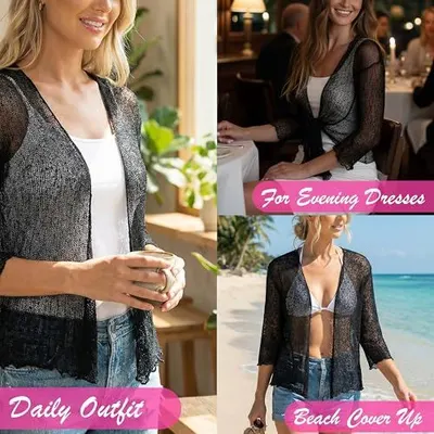 Demonstrates the versatility of the product by showing it can be worn in different settings including daily casual outfits, evening dresses, and as a beach cover-up.
