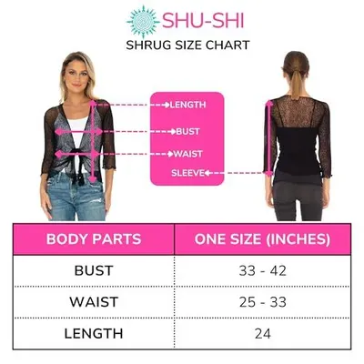 Provides detailed sizing information including bust, waist, length, and sleeve measurements to help shoppers determine if the shrug will fit them properly.