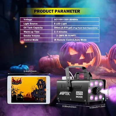 Communicates technical specifications and physical dimensions to help shoppers understand the product's capabilities and size before purchase. Shows exact measurements of the fog machine and tablet…