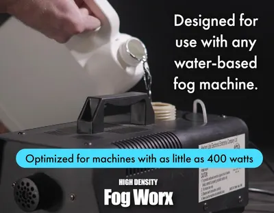 Communicates that the fog fluid is compatible with any water-based fog machine and optimized for machines with as little as 400 watts, reassuring shoppers about versatility and safe use.