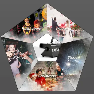 Demonstrates the versatility of the fog machine by showing it can be used across multiple occasions and environments including Halloween parties, weddings, general parties, stage performances, and…