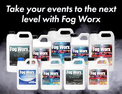 Displays the complete Fog Worx product line including different fog fluid densities and machine cleaner to show shoppers the variety of options available for different event needs.