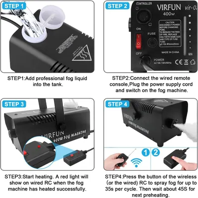 Provides step-by-step instructions on how to set up and operate the fog machine, from adding liquid to activating the fog spray, reducing friction during initial use.