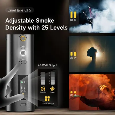 Showcases multiple key features of the smoke machine including adjustable smoke density, power output, and control options to demonstrate versatility and professional-grade capabilities for…