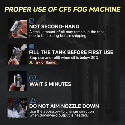 Educates the customer on how to properly use and maintain the CF5 fog machine through step-by-step instructions, including filling the tank, waiting time, and safety precautions to ensure safe and…